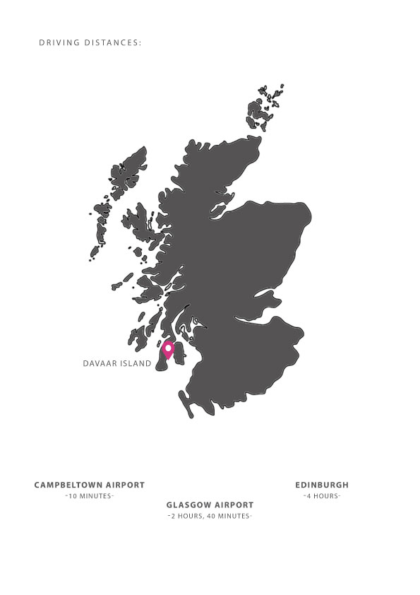 Map of Scotland showing Davaar Island on the Mull of Kintyre, with driving times from Glasgow and Edinburgh
